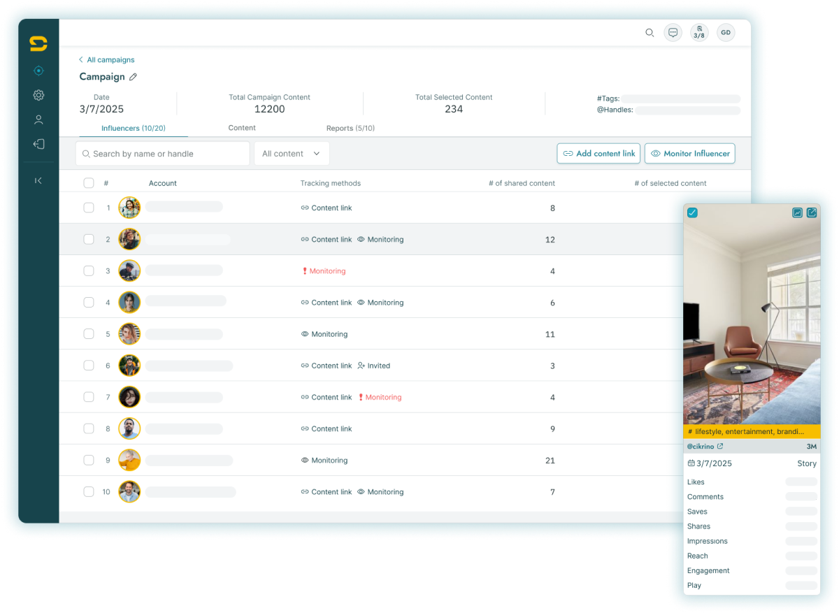 A screenshot of DeepDeets's influencer tracking tool.